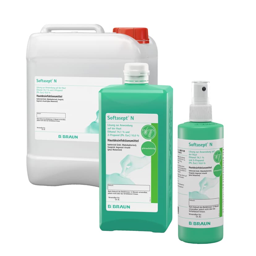 Softasept® N-Produktbild, Kanister, Flasche und Spray