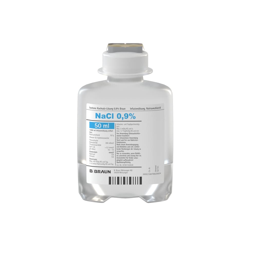 Isotone Kochsalz-Lösung 0,9 %, EP 50 ml-Infusionslösung, Ecoflac® plus 50 ml in 100 ml, 3200905