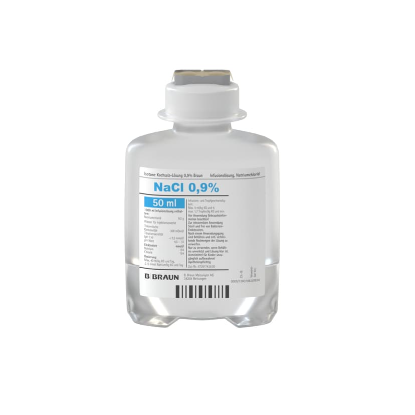 Isotone Kochsalz-Lösung 0,9 %, EP 50 ml-Infusionslösung, Ecoflac® plus 50 ml in 100 ml, 3200905