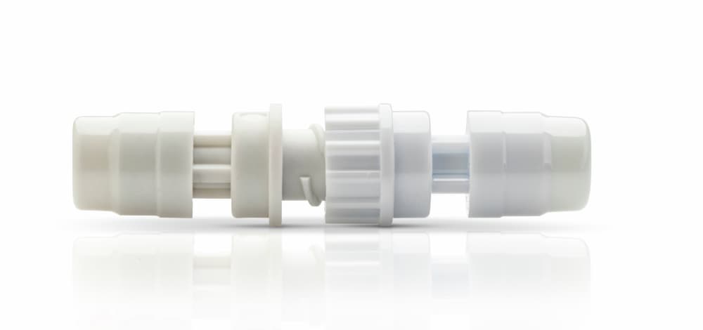 Chemfort luer lock adaptor connected-Picture of Chemfort luer lock adaptor connected to a female luer lock adaptor Syringe to Syr<br/>inge Connector