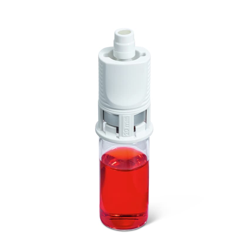 Chemfort vial adaptor-Picture of Chemfort vial adaptor attached to a 20mm red drug vial