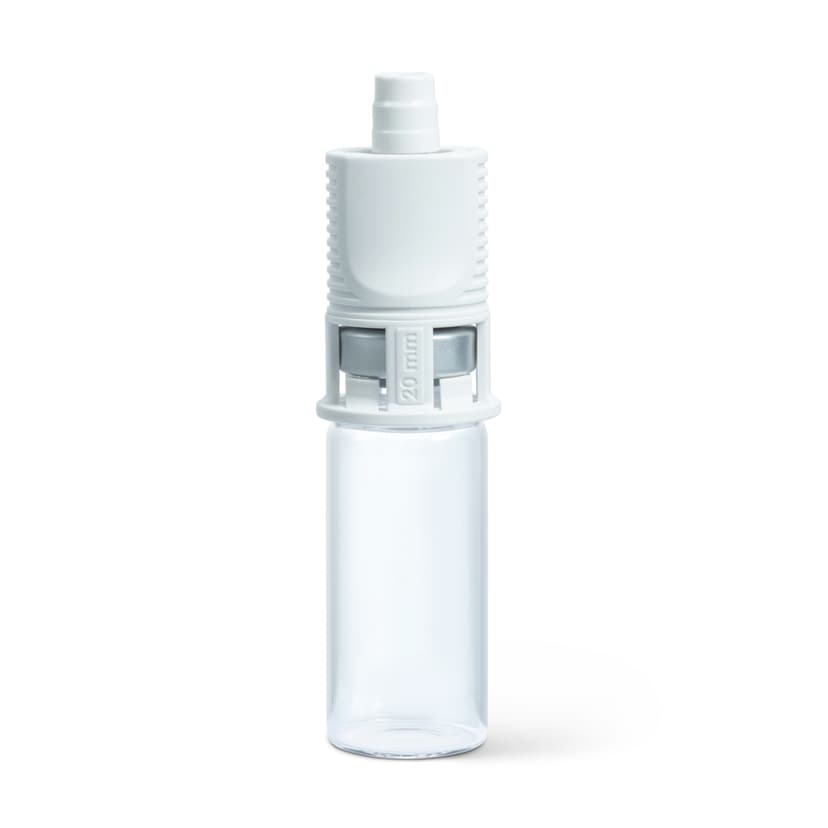 Chemfort Vial adaptor-Side view of Chemfort Vial adaptor attached to 20mm empty Vial without cap