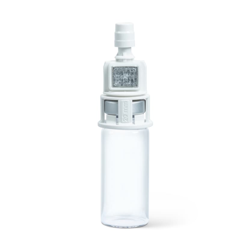Chemfort Vial adaptor-Side view of Chemfort Vial adaptor attached to 20mm empty Vial toxiguard