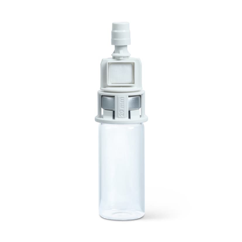 Chemfort Vial adaptor-Side view of Chemfort Vial adaptor attached to 20mm empty Vial 0.2 micron filter