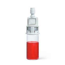 Chemfort Vial adaptor-Side view of Chemfort Vial adaptor attached to 20mm red  drug Vial 0.2 micron filter