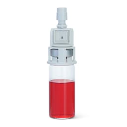 Chemfort Vial adaptor-Side view of Chemfort Vial adaptor attached to 20mm red drug Vial without toxiguard filters