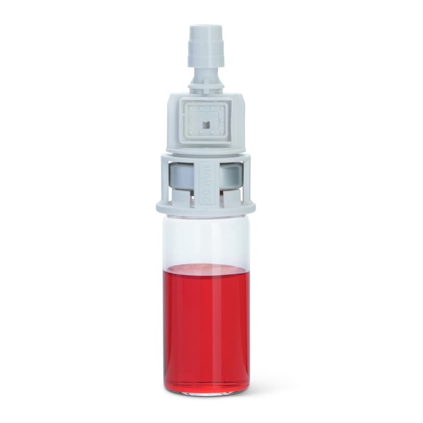 Chemfort Vial adaptor-Side view of Chemfort Vial adaptor attached to 20mm red drug Vial without toxiguard filters